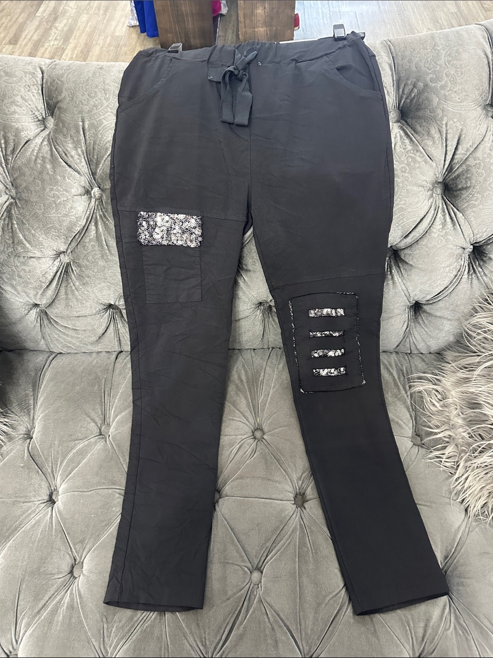 Black Women's Pants with Sequin Patch Details